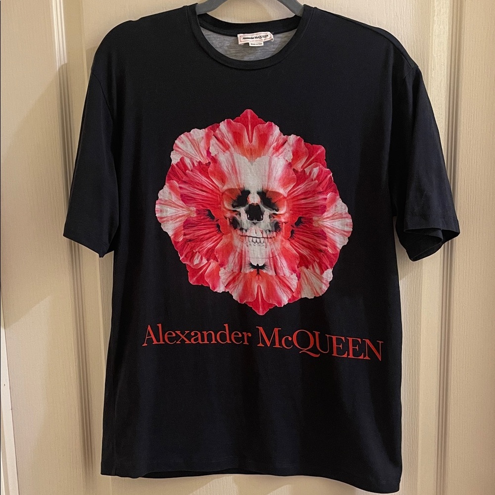 Authentic Alexander McQueen Black Tee with Red Skull Flower